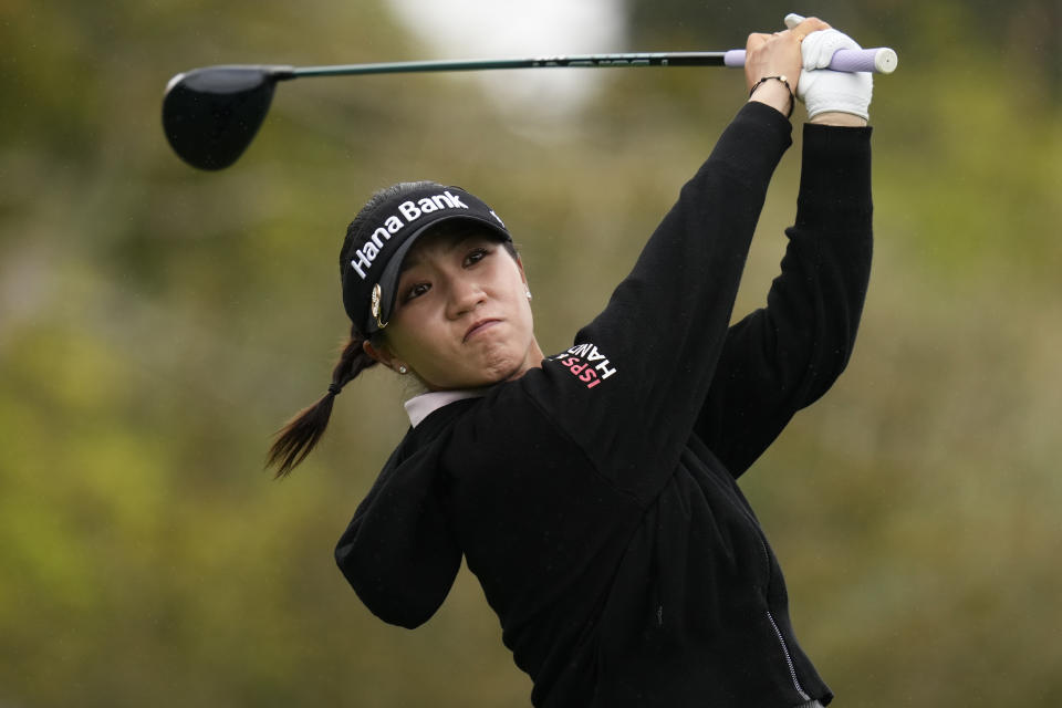 Lydia Ko, of New Zealand, hits from the 15th tee during the second round of the U.S. Women's Open golf tournament at the Pebble Beach Golf Links, Friday, July 7, 2023, in Pebble Beach, Calif. (AP Photo/Godofredo A. Vásquez)