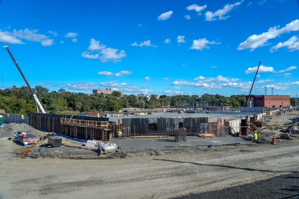 The main entrance to Tidewater Landing, the soccer stadium under construction between Pleasant Street and the west bank of the Seekonk River in Pawtucket, seen in October 2023.