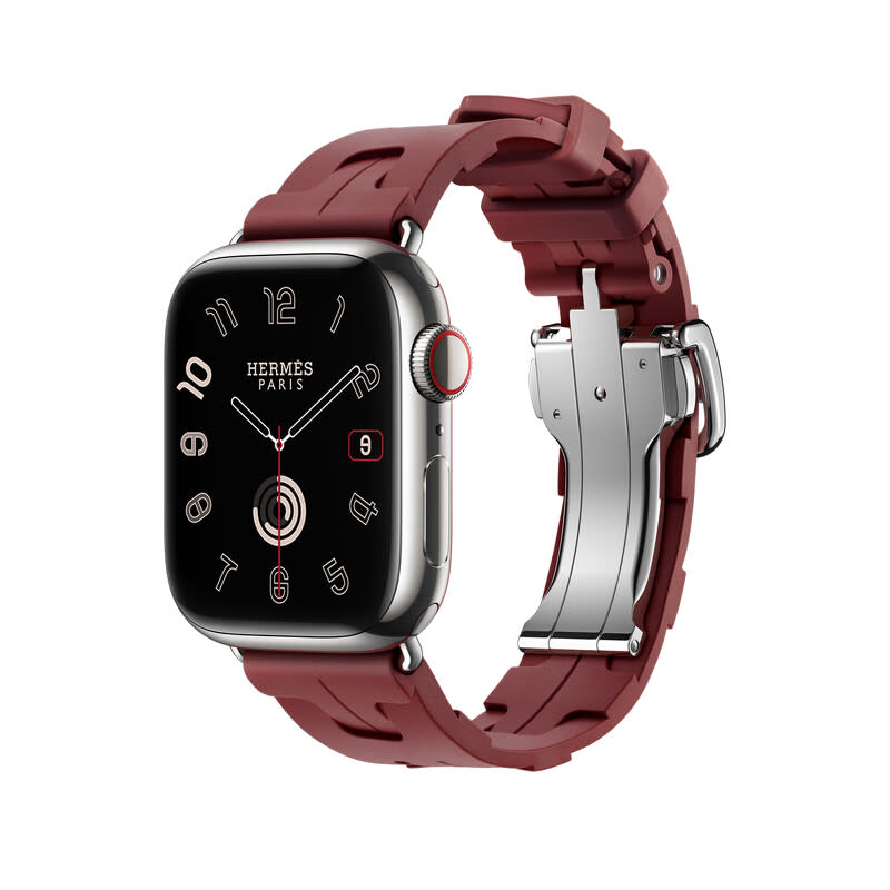 APPLE WATCH HERMES 9系列_41 mm銀色不銹鋼錶殼_愛馬仕紅色 Kilim 橡膠單圈折疊錶釦錶款 _ NT$ 40,900