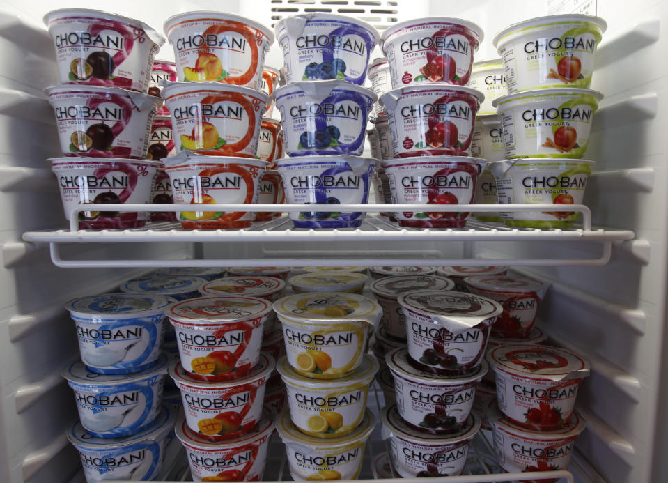 FILE--In this Jan. 13, 2012 file photo, Chobani Greek Yogurt is seen at the Chobani plant in South Edmeston, N.Y. Team USA sponsor Chobani, which is based in upstate New York, says it has 5,000 cups of Greek yogurt sitting in a refrigerated warehouse waiting to be flown to the Olympic village. But Russian authorities say the U.S. Department of Agriculture has refused to provide a certificate that is required for dairy products under its customs rules. (AP Photo/Mike Groll, File)