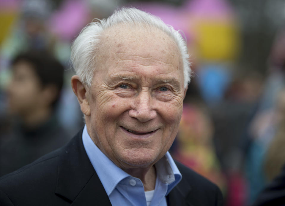 In this March 24, 2019 cosmonaut Sigmund Jaehn stands in front of the Cosmonaut Center in Chemnitz. Sigmund Jaehn cosmonaut, who became the first German in space has died. He was 82. (Hendrik Schmidt/dpa via AP)