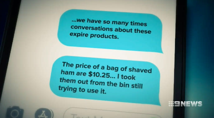 The text messages conversations allegedly sent to workers telling them not to waste expired ham. Source: 9News