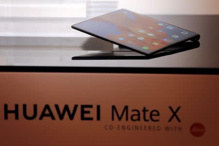 The new Huawei Mate X device is seen during a pre-briefing display ahead of the Mobile World Congress in Barcelona, Spain, February 23, 2019. REUTERS/Sergio Perez