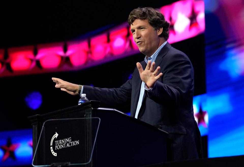 Tucker Carlson speaks at the Turning Point Action conference, Saturday, July 15, 2023, in West Palm Beach, Florida (Copyright 2023 The Associated Press. All rights reserved.)