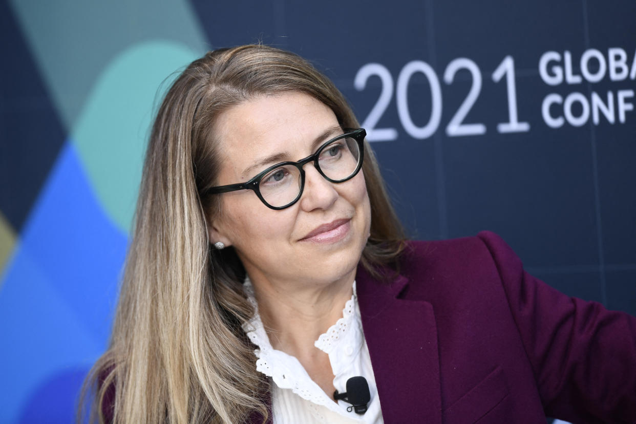 Alesia Haas, Chief Financial Officer, Coinbase, listens during the Milken Institute Global Conference on October 18, 2021 in Beverly Hills, California. (Photo by Patrick T. FALLON / AFP) (Photo by PATRICK T. FALLON/AFP via Getty Images)