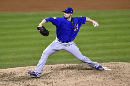 Nov 2, 2016; Cleveland, OH, USA; Chicago Cubs pitcher Jon Lester throws against the Cleveland Indians in the 6th inning in game seven of the 2016 World Series at Progressive Field. Mandatory Credit: David Richard-USA TODAY Sports - RTX2RMQN