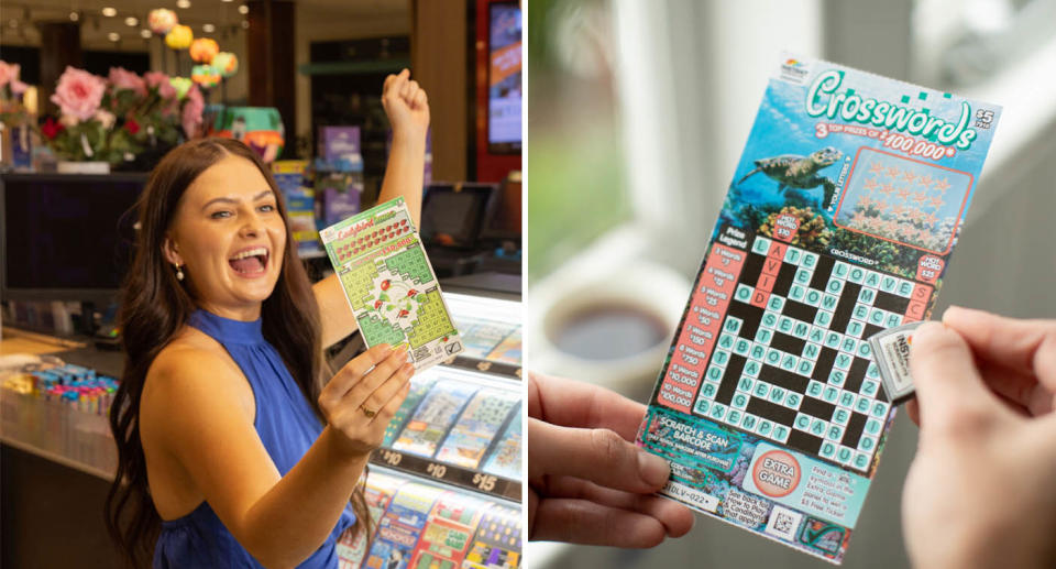 A woman celebrates at the newsagent (left) while a person scratches a scratch card (right). 