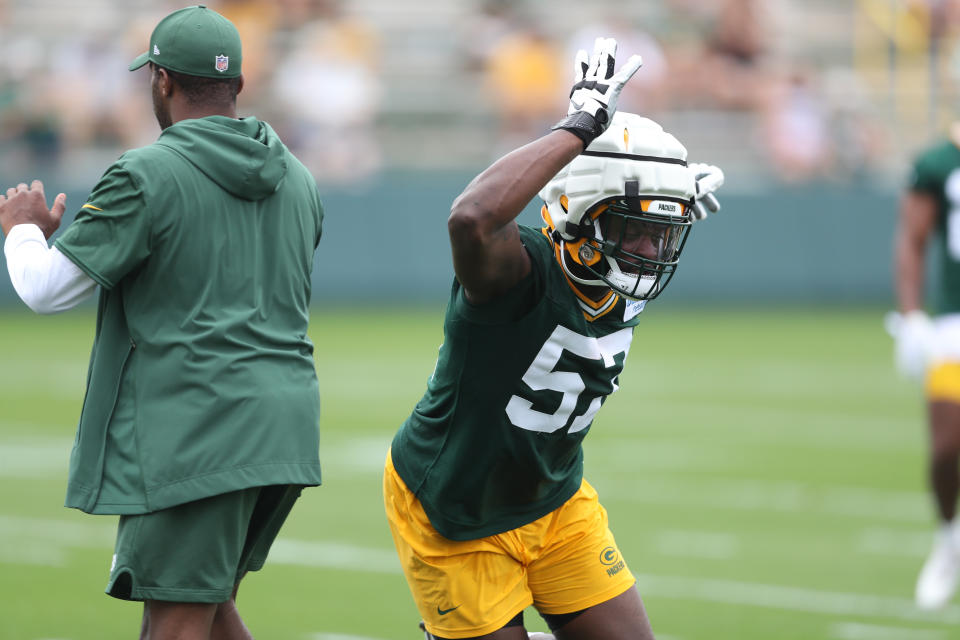 Jul 26, 2023; Green Bay, Wisconsin, USA; Green Bay Packers linebacker Brenton Cox Jr. (57) during the first day of training camp at Ray Nitschke Field. Mandatory Credit: Tork Mason-USA TODAY Sports