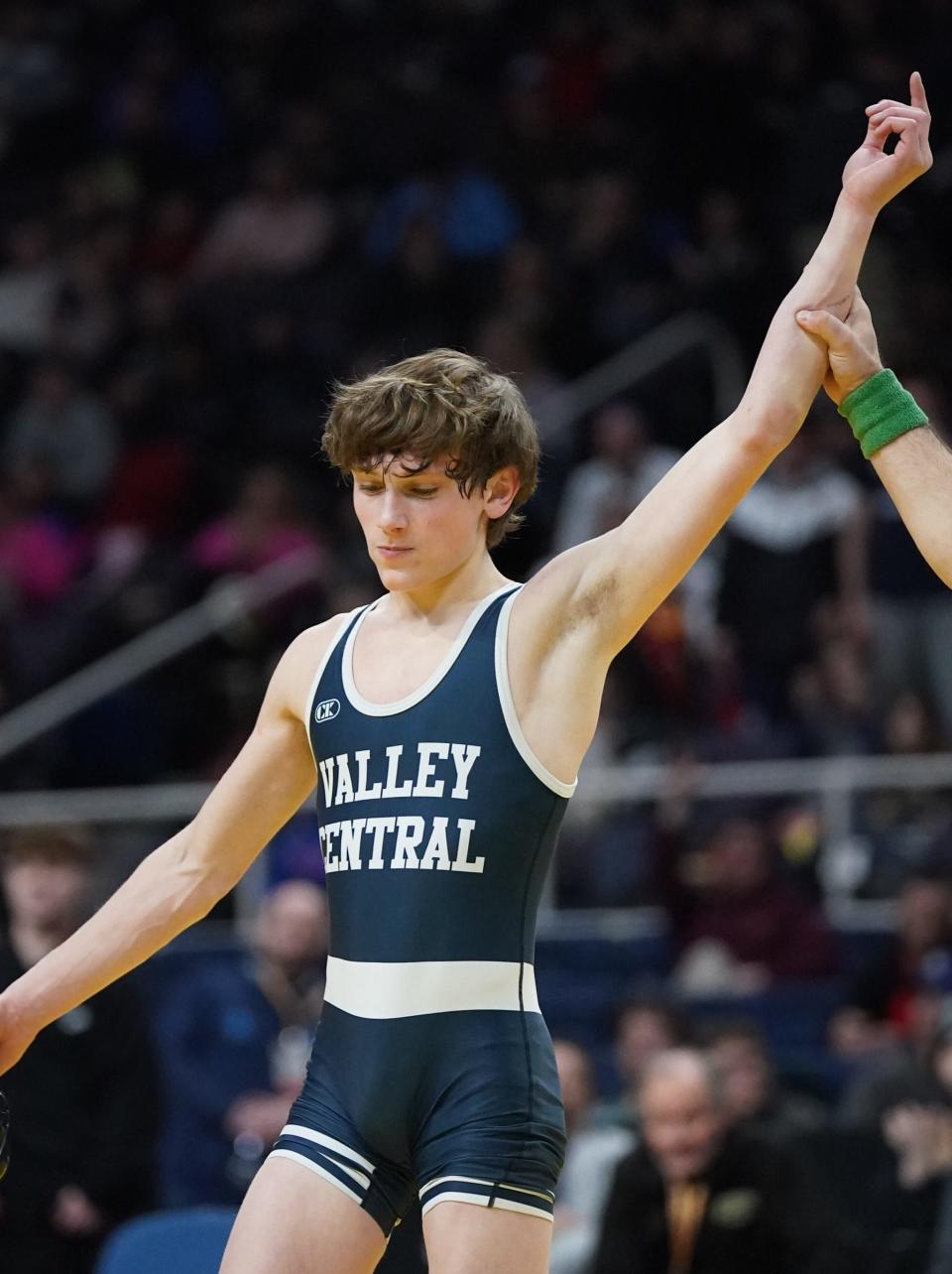 Valley Central's Luke Satriano wins the Division 1 110-pound championship match at the NYSPHSAA Wrestling Championships at MVP Arena in Albany, on Saturday, February 25, 2023.