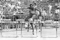 FILE - In this June 21, 1980, file photo, Edwin Moses, gold medal winner in 1976 in Montreal, wins in the 400 intermediate hurdles as the 1980 Olympic trials in Eugene, Ore. Moses, the man who once won a remarkable 107 finals in a row from 1977-87 and who lowered the world record to 47.02 seconds during his prime, says he has been enjoying watching hurdlers break new barriers over the past two years. (AP Photo/File)
