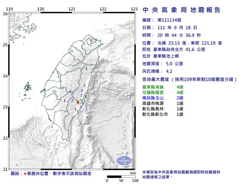 ▲今（18）日20:44發生規模4.2地震。（圖／氣象局