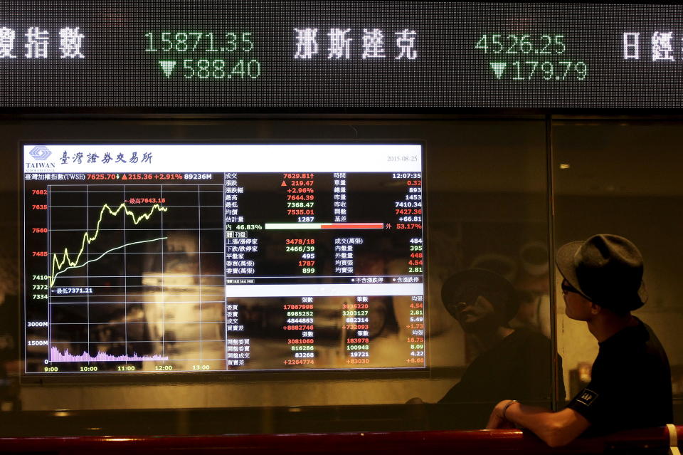 A man looks at a screen showing stock market prices inside a brokerage in Taipei, Taiwan, August 25, 2015. Taiwan stocks rebounded from steep losses in the prior session on hopes the government would soon step in to shore up market confidence after the key index plunged to a near three-year low on Monday. REUTERS/Pichi Chuang