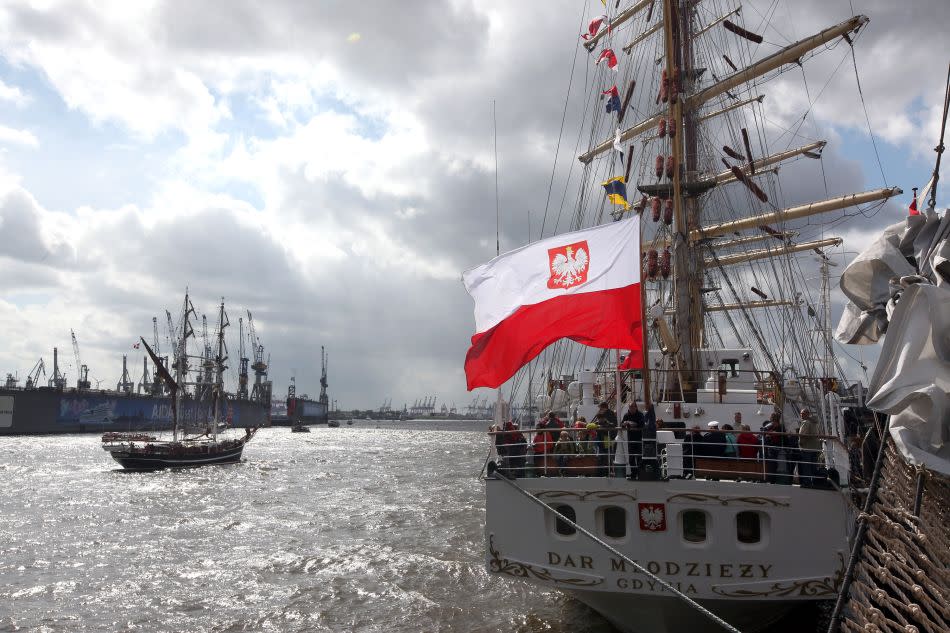 The Polish tall ship Dar Mlodziezy sits docked during the 823rd anniversary of the establishment of the port of Hamburg.
