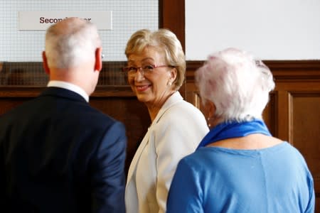 British Conservative Andrea Leadsom arrives at the launch of her campaign for the Conservative Party leadership, in London