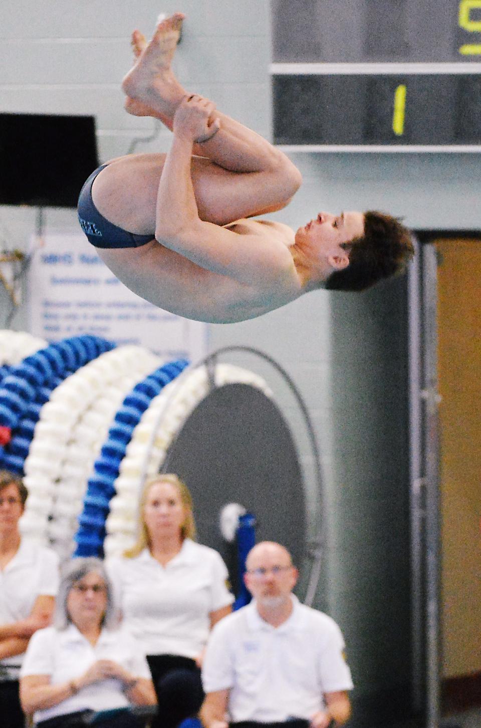 McDowell's Lukas Rau competes in the boys District 10 Class 3A diving championships at McDowell High School in Millcreek Township on Saturday. Rau won the title with a score of 181.05.