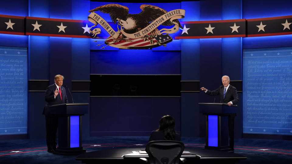 President Donald Trump and Democratic presidential candidate former Vice President Joe Biden participate in the final presidential debate at Belmont University, Thursday, Oct. 22, 2020, in Nashville, Tenn. (AP Photo/Patrick Semansky)