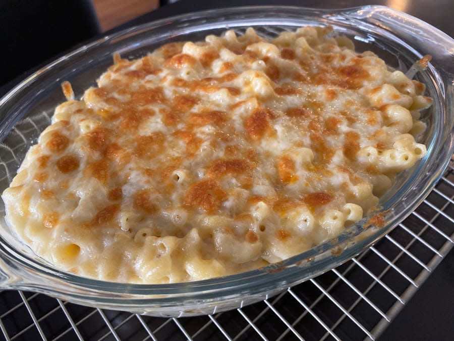 Rachel Ray's mac and cheese in an oven.