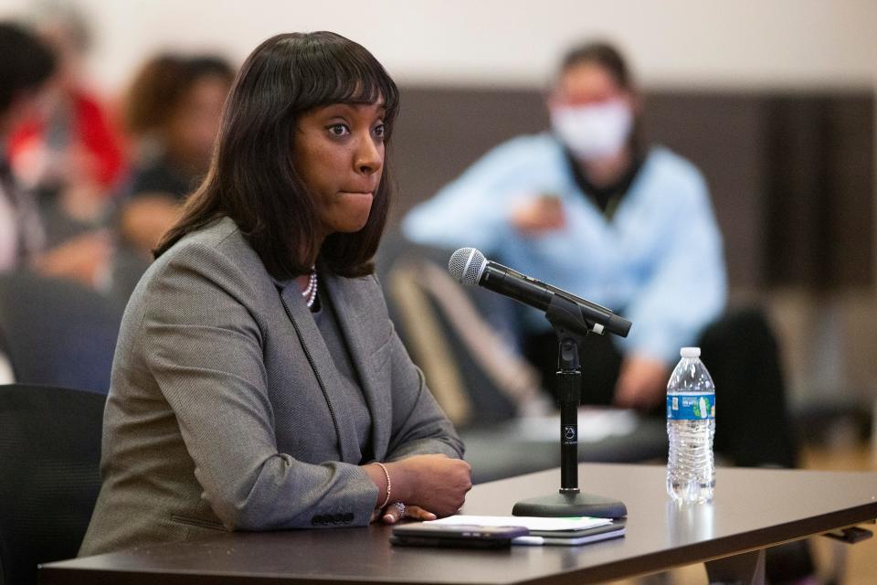 Cheryl Proctor, deputy superintendent of instruction and school communities for Portland, Ore. public schools, listens to a question as she is interviewed in February for the superintendent's job in Memphis, Tenn. She's a semifinalist in Duval County's superintendent search.