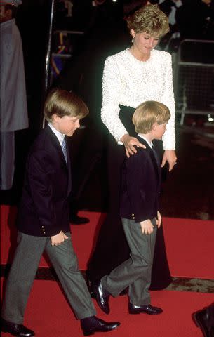 <p>Jayne Fincher/Getty</p> The Princess of Wales and her children, Princes William and Harry arriving for the premiere of 'Hook' in April, 1992.