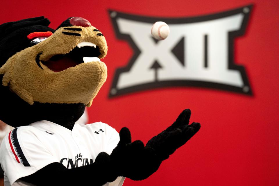 The Bearcat mascot plays with a baseball before a press conference with Cincinnati Bearcats head baseball coach Jordan Bischel speaks during a press conference at the Lindner Center in Cincinnati on Wednesday, June 21, 2023. 