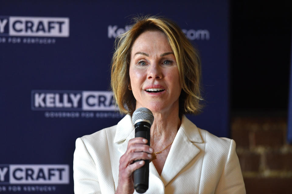 FILE - Kentucky republican gubernatorial candidate Kelly Craft speaks to supporters during a campaign stop in Elizabethtown, Ky., Wednesday, April 12, 2023. Kentucky Republicans running for governor have deflected questions about gun legislation since this week's mass shooting at a Louisville bank, turning instead to prayer and a focus on mental health. (AP Photo/Timothy D. Easley, File)