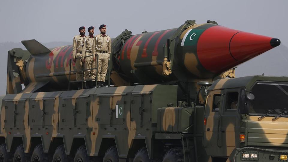 A Pakistani-made Shaheen-III missile, capable of carrying a nuclear warhead, is displayed during a military parade in Islamabad, Pakistan, on March 23, 2022. (Anjum Naveed/AP)