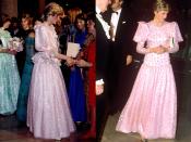 <p>Diana wore this notable pastel evening gown twice, once in Melbourne in 1983 (<em>left</em>) and again without the peplum and with shorter sleeves (<em>right</em>) in 1986.</p>