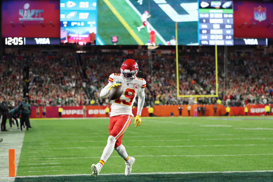 Kadarius Toney set a Super Bowl record with a 65-yard punt return in the fourth quarter Sunday. (Gregory Shamus/Getty Images)