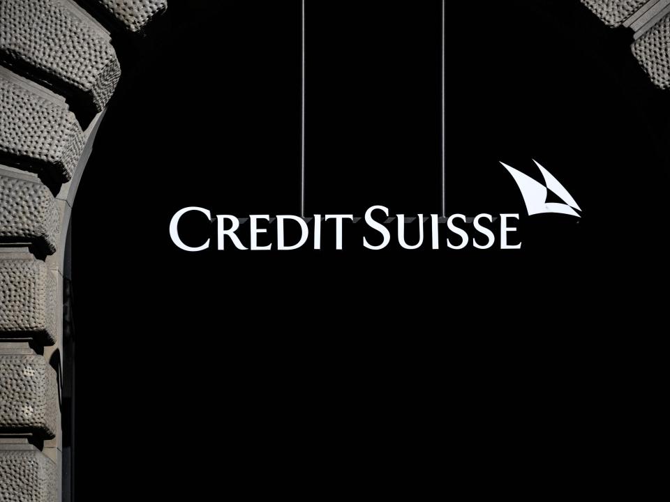 This illustration photo shows a sign with the logo of Switzerland's second largest bank "Credit Suisse" at their headquarters in Zurich on March 23, 2022.