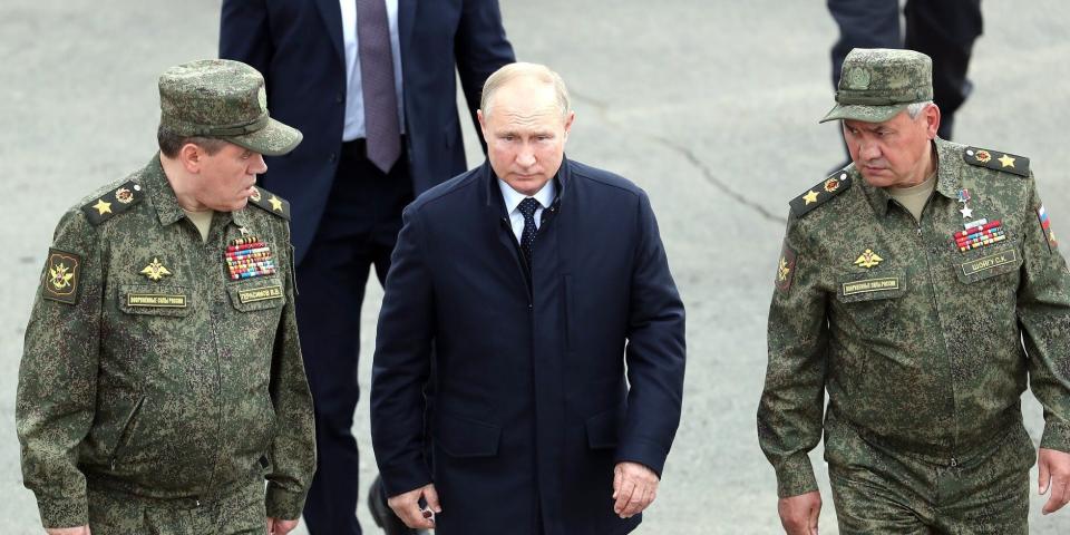 Russian President Vladimir Putin with Russian Defence Minister Sergei Shoigu and Chief of General Staff Valery Gerasimov in 2021.