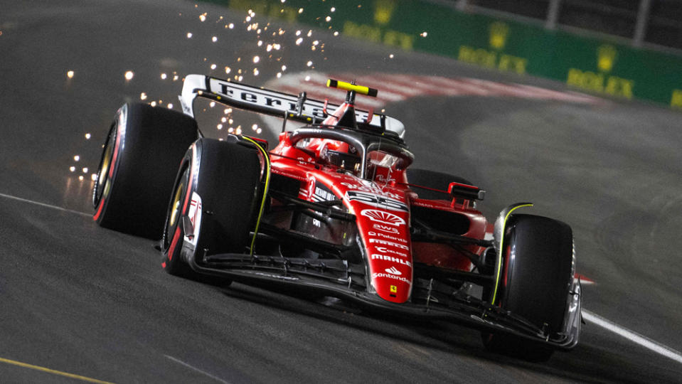 Ferrari's Carlos Sainz pushes the pace during the third practice session of the 2023 Las Vegas Grand Prix.