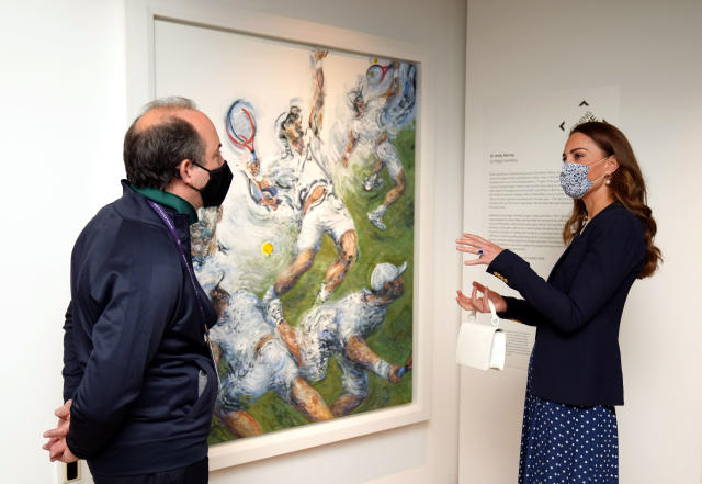 LONDON, ENGLAND - JULY 02: Catherine, Duchess of Cambridge views a portrait of Andy Murray by Maggi Hambling as she is shown around the Wimbledon Museum by the Head of Heritage at the All England Lawn Tennis Club Adam Chadwick during her official visit on day five of Wimbledon at The All England Lawn Tennis and Croquet Club, on July 2, 2021 in London, England. (Photo by John Walton - WPA Pool/Getty Images)