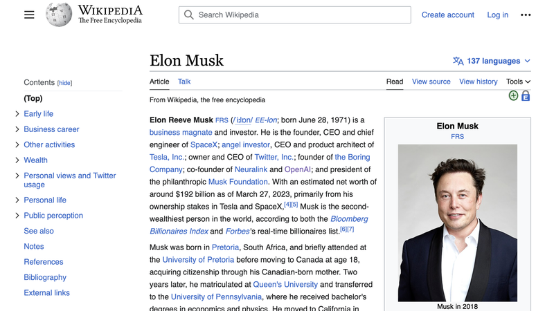 A screenshot of Elon Musk's page on Wikipedia. Musk said he's using Wikipedia when assigning Twitter labels.