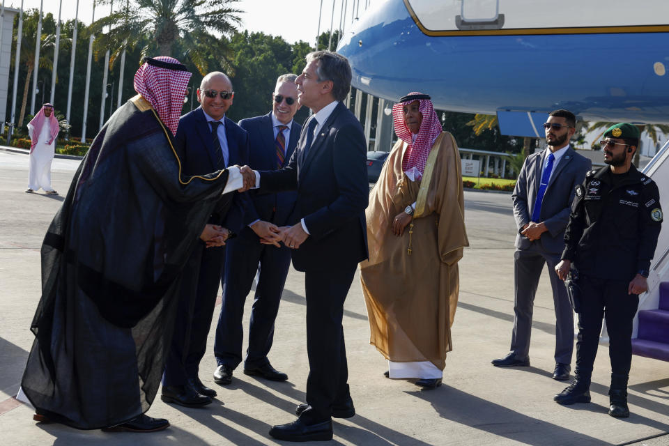 U.S. Secretary of State Antony Blinken walks arrives in Jeddah, Saudi Arabia, Wednesday, March 20, 2024. (Evelyn Hockstein, Pool Photo via AP)