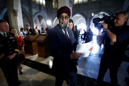 Canada's Defence Minister Harjit Sajjan leaves following a news conference announcing Canada will send helicopters and support troops to join a United Nations peacekeeping mission in Mali, on Parliament Hill in Ottawa, Ontario, Canada, March 19, 2018. REUTERS/Chris Wattie