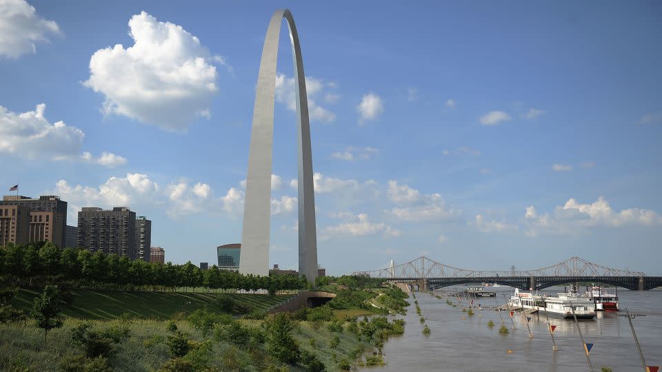 Floodwaters from a swollen Mississippi River take over the Gateway Arch grounds on June 7, 2019, in St Louis. - Michael B. Thomas/Getty Images