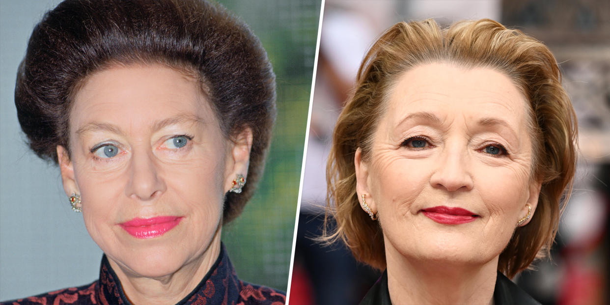 (L) Princess Margaret at the Horder Medical Center For Sufferers Of Arthritis.  (R) Lesley Manville as Elizabeth’s younger sister, Princess Margaret, Countess of Snowdon. (Getty Images)