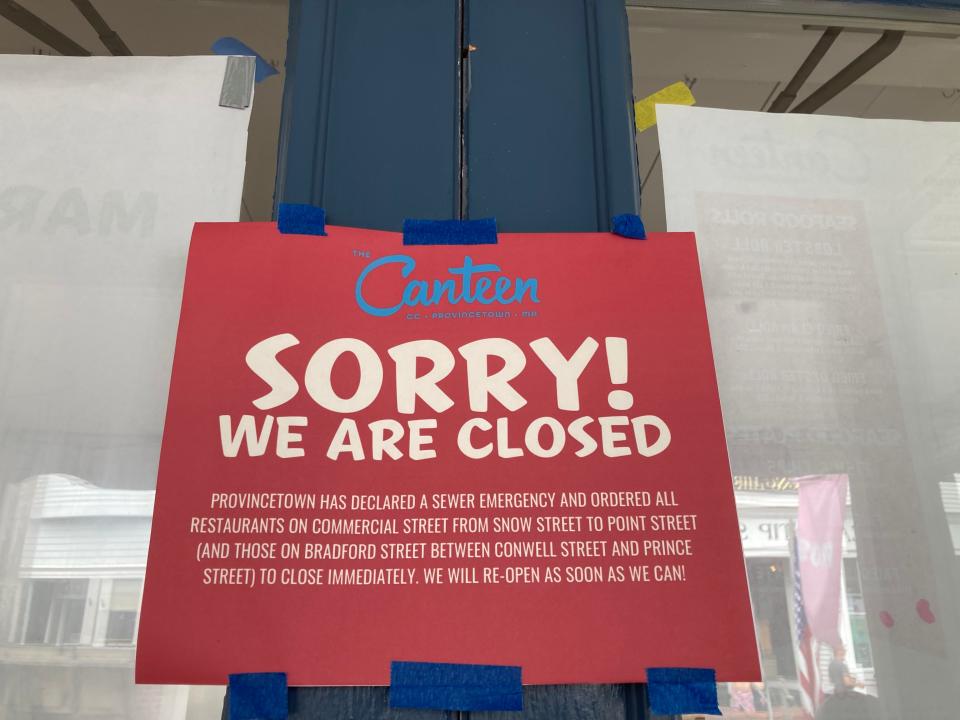 A sign outside The Canteen restaurant at 225 Commercial St. on Thursday in Provincetown. Due to a sewer emergency, some restaurants and food service businesses have been forced to close for up to 48 hours.