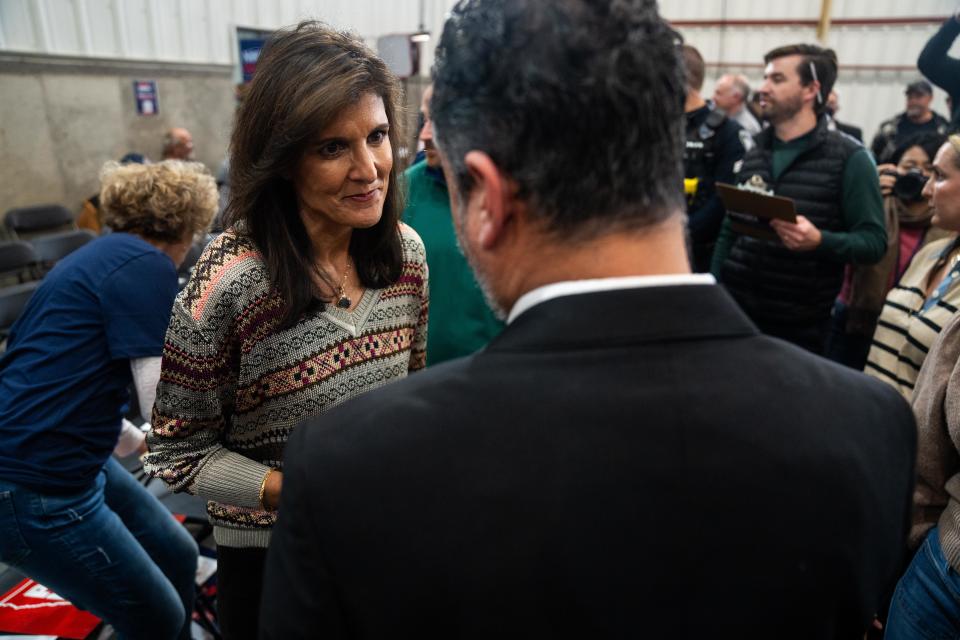 Presidential candidate Nikki Haley makes a stop in Waukee to talk with voters Sunday, Dec. 10, 2023, at Manning Ag Service.