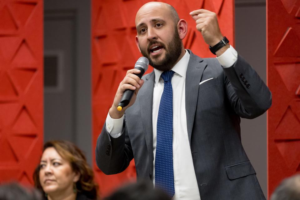 El Paso attorney James Montoya answers a question at the El Paso Chamber’s forum on Jan. 18, 2024, at the Sundt Construction offices in El Paso for candidates seeking the district attorney seat in the upcoming election.