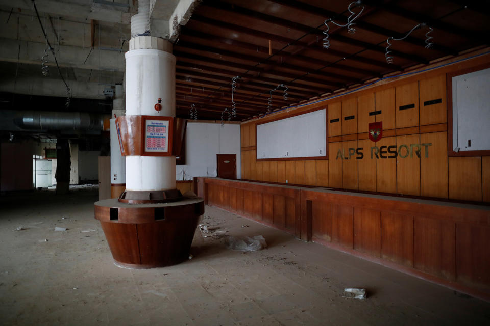 <p>A reception desk of the abandoned Alps Ski Resort is seen near the demilitarized zone separating the two Koreas in Goseong, South Korea, Jan. 17, 2018. (Photo: Kim Hong-Ji/Reuters) </p>