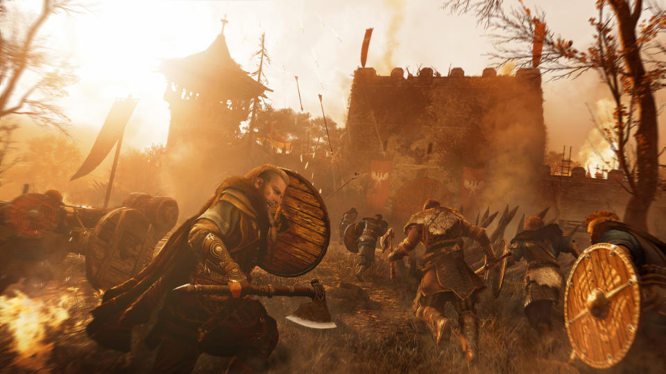 You'll battle across England in 'Valhalla,' taking part in large-scale battles and even building out your own village. (Image: Ubisoft)