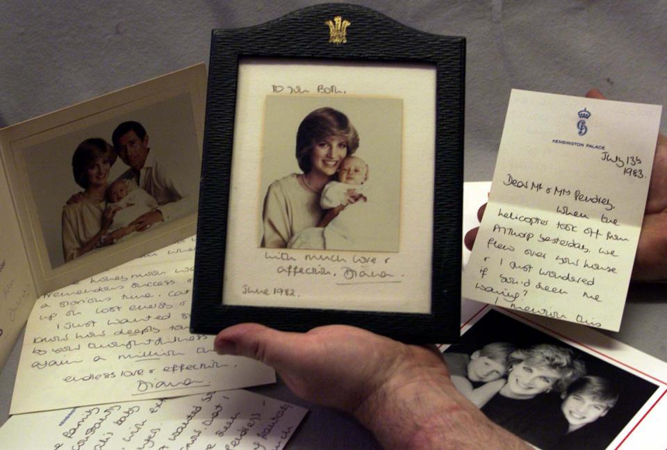 Letters sent from Princess Diana and photos/cards of the Prince and Princes of Wales and their children.