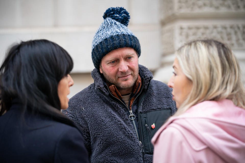 Claudia Winkleman and Victoria Coren Mitchell arrive to meet Richard Ratcliffe, the husband of Iranian detainee Nazanin Zaghari-Ratcliffe, outside the Foreign Office in London, during his continued hunger strike following his wife losing her latest appeal in Iran. Picture date: Monday November 8, 2021.