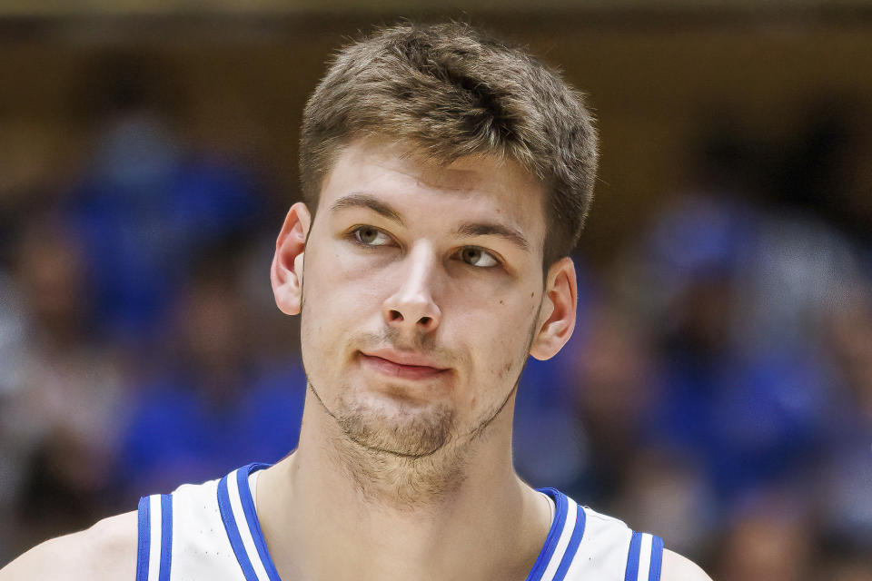 FILE - Duke's Kyle Filipowski is shown at halftime of an NCAA college basketball game in Durham, N.C., Nov. 21, 2022. Filipowski is a member of the AP All-ACC team in voting released Tuesday, March 12, 2024.(AP Photo/Ben McKeown, File)