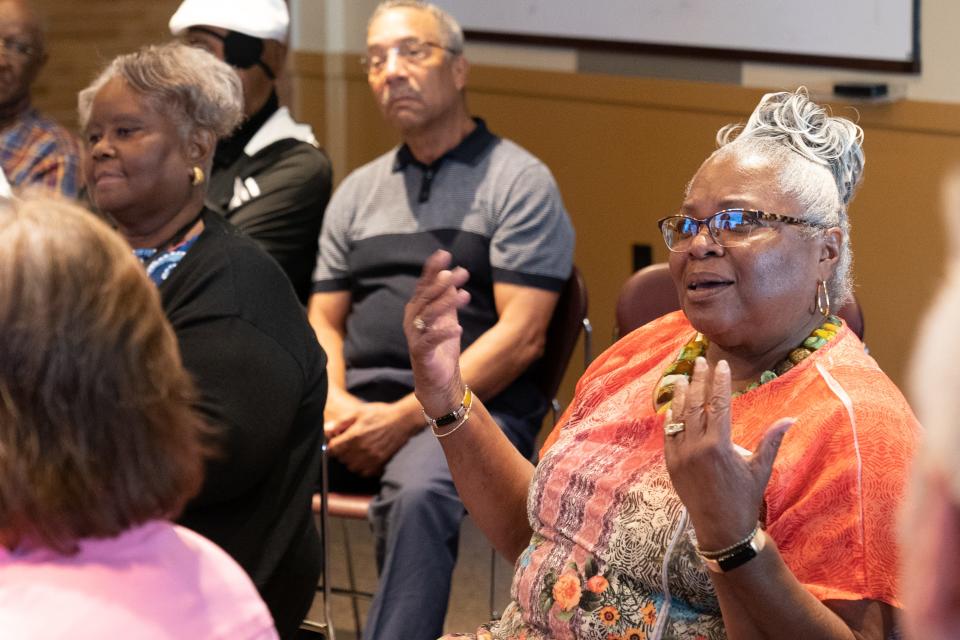 Beryl New, Topeka USD 501 director of the equity council and certified personnel, talks about being a lifelong Topekan and the impact the Brown v. Board of Education Supreme Court Case had on her life during an event Wednesday at the National Historic Site.