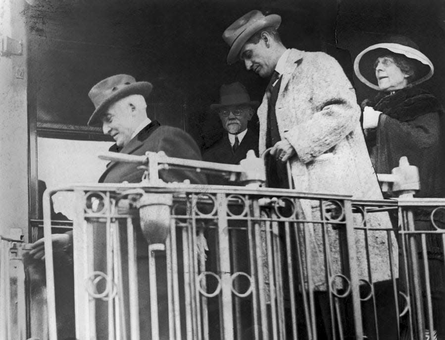 This is believed to be the final photograph taken of President Warren G. Harding as he and First Lady Florence Harding exited the train July 29, 1923, in San Francisco, California. The president died on Aug. 2, 1923, at the Palace Hotel in San Francisco.