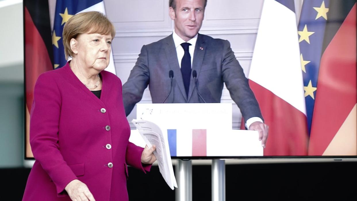 Bundeskanzlerin Angela Merkel (CDU) und Frankreichs Präsident Emmanuel Macron während ihrer Pressekonferenz am vergangenen Montag.