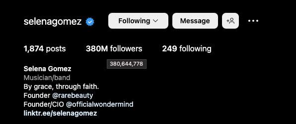 selena gomez's follower count at 625 pm est