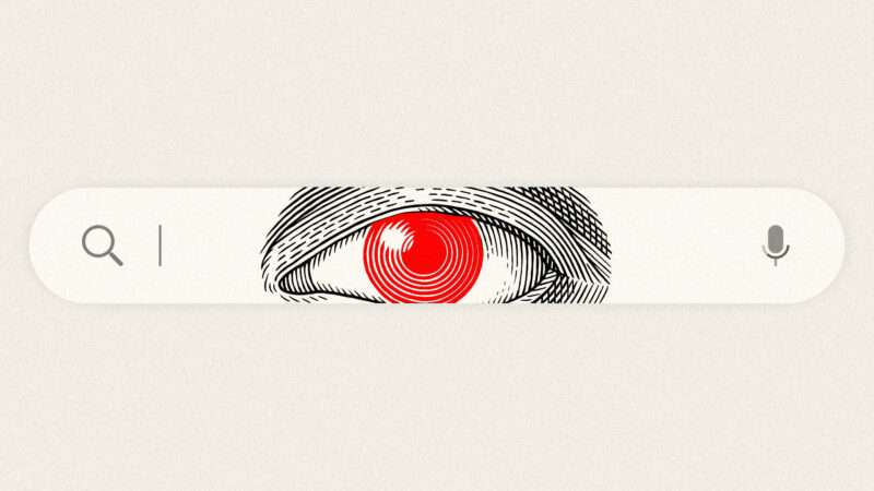 An eyeball looks through a search bar.